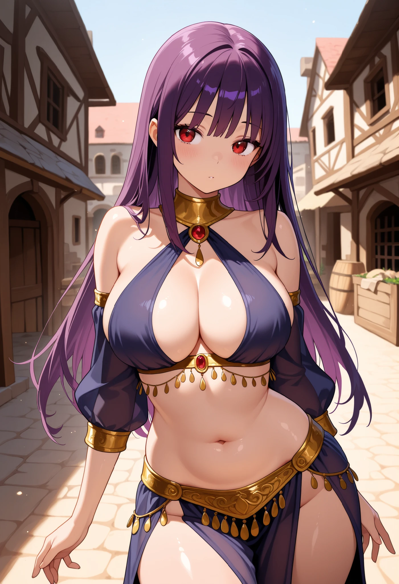 high quality, ultra detailed, best quality, insanely detailed, beautiful, masterpiece, 1girl, medieval plaza, cowboy shot, red eyes, long hair, purple hair, belly dancer, circlet, earrings, armlets, bracelets, bashful smile, large breasts, cleavage, soft stomach