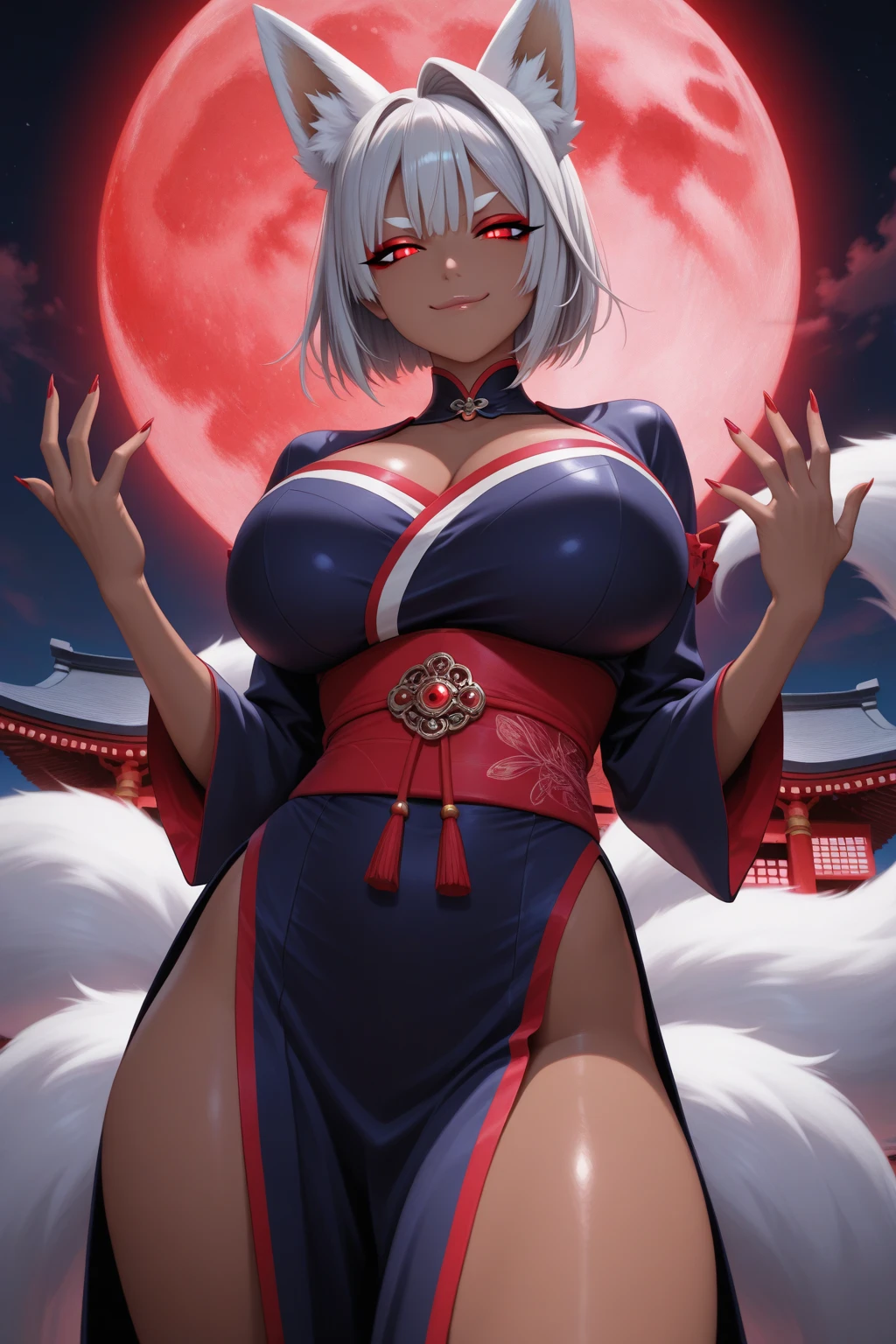 (((blue　fire manipulation)))、(red cat eyes)、Solo,Silver hair、(twin tail hair:1.5)、（DEMON horns）,underboob、girl with horns、(SAMURAI)、(((Japanese KIMONO armor)))、(((Fishnet tights)))、cleavage、big breasts、 、moonlit night、 ferocious smil、fang 、tongue licking、（（seiza, formal sitting, kneeling. seiza. ））、magic circle appears