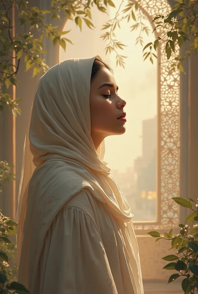 A muslim gorgeous beautiful sexy hot girl with hijab standing at the balcony of her home watching at the mosque which is at its neighbour 