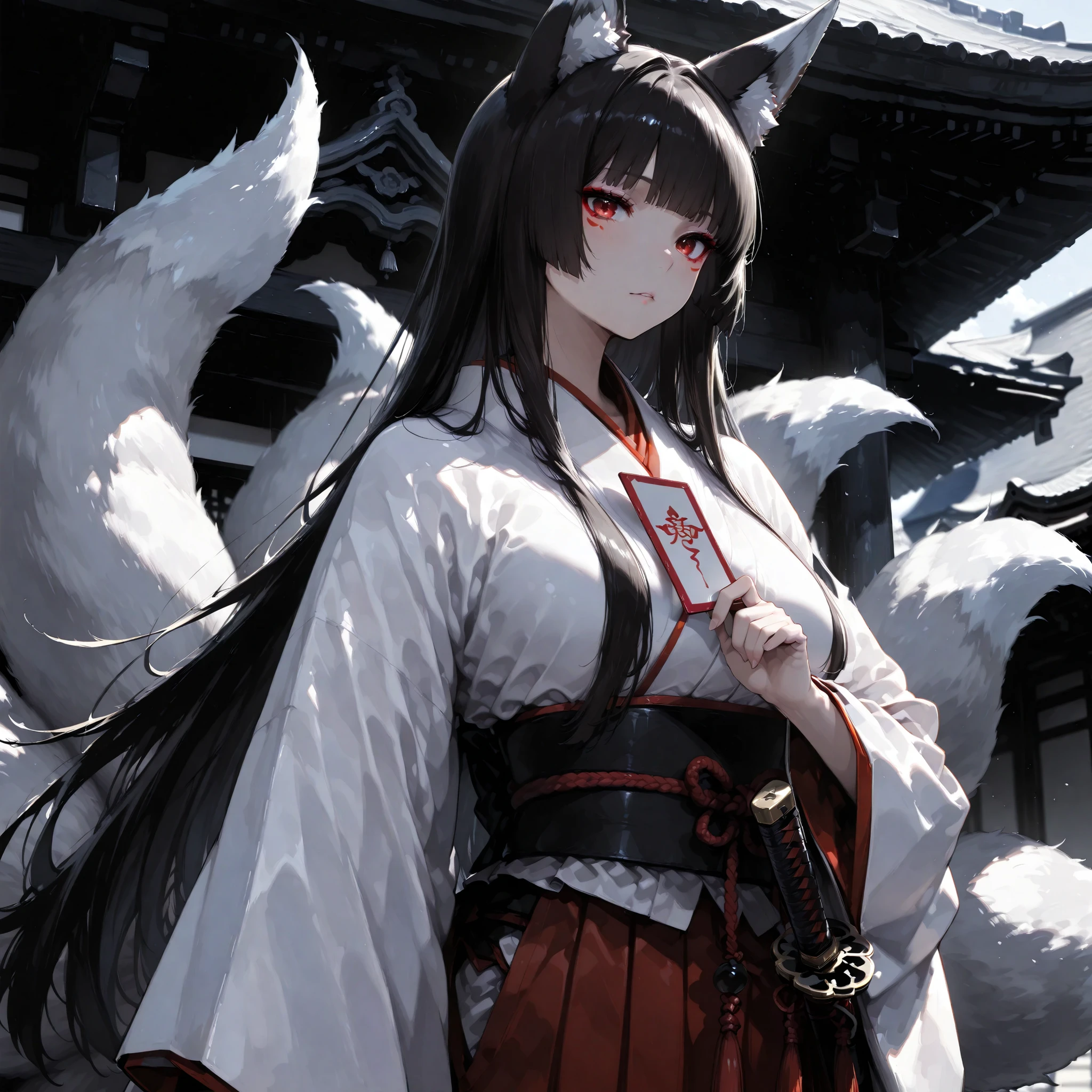 (anime:1.4),(solo:1.5), (:1.5), (adult female)、girls, Nine-Tailed Fox, , dark haired, long hair, Animal ears, , , Fox,, 、 白いNine-Tailed Foxの尻尾 beautiful eye drawing best details Japanese sword Maiden Outfit Shinto suits Ceremony Card Shikigami Tsuki Shikigami Fox、princess cut、red eyes、shrine、cute、Double eyelids、large eyes、