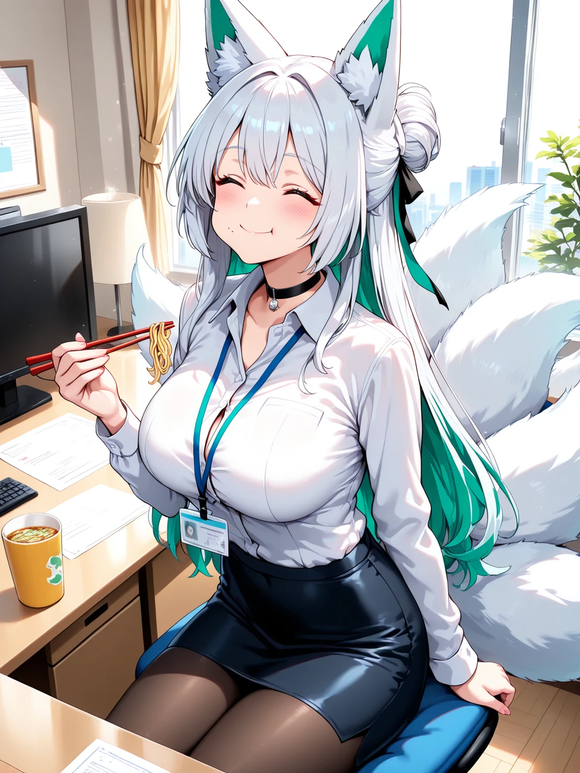 (masterpiece, detailed:1.2),(masterpiece:1.3), (best quality), (anime style:1.1), highly detailed, 1girl, solo, beautiful elegant fox girl, fox ears on top of head, nine fluffy fox tails behind her like a cushion, silver hair with blue to green gradient inner color, vermilion ribbon, neat business hairstyle, business suit or office blouse, tight skirt, pantyhose, ID card on neck strap

sitting at desk during lunch break, eating cup of aburaage udon with chopsticks, satisfied expression, mouth slightly closed, puffed cheeks, smiling eyes, eyes slightly drooping, blushing softly, face relaxed, office background in daylight, monitor turned off, documents and pens on desk, natural lighting from window, peaceful mood, light lunch break atmosphere
