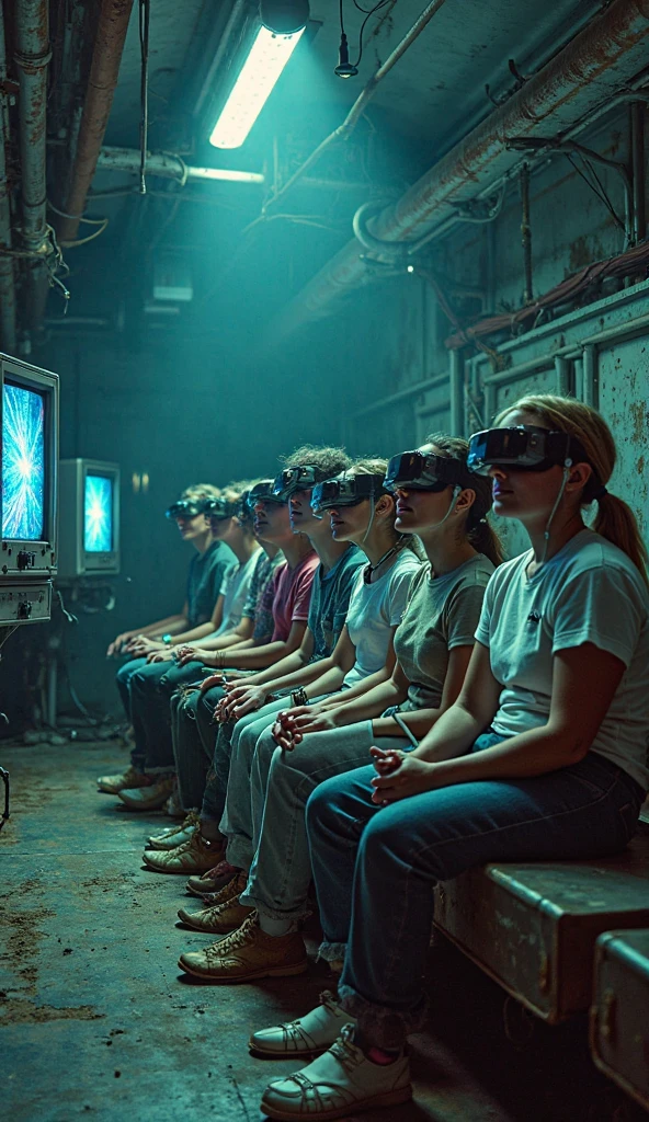 Several very thin, malnourished, pale people, wearing dirty clothes, wearing a virtual reality glasses, sitting on the floor next to an outlet with a power cord plugged into the virtual reality glasses, photorealistic --auto --s2