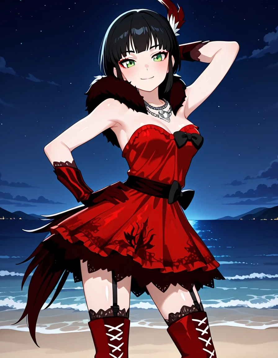 Milrwby, short hair, black hair, green eyes, feather hair ornament, necklace, long red gloves, red dress, red thigh boots, garter straps, high heels, black bow, black boa, anime screencap, shiny skin, high quality, solo, three-quarter cowboy shot, (contrapposto), hand behind head, hand on hip, closed mouth, night sky, beach, looking at viewer, smile, best quality