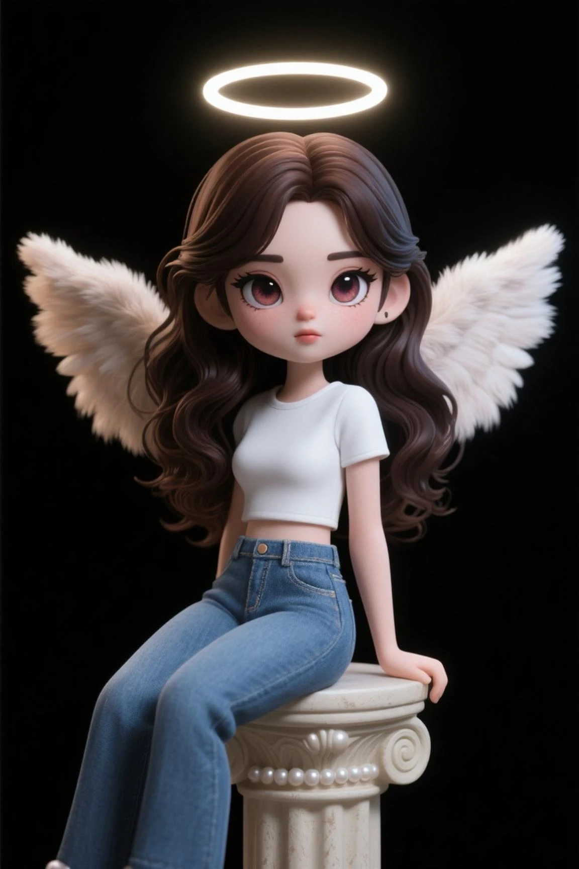 masterpiece、top-quality、ultra-detailliert、(Chibi Man:1.2)、Black hair belly short、White Shirt Blouse、Angel wings、studio、Sit with your knees
