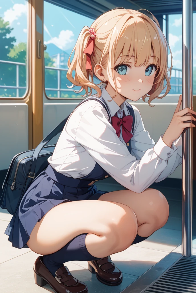 NSFW,4K,Gal:1.3,Anatomically correct,school uniform:1.3,A pure and innocent girl, Very cute face, Like an idol, (masterpiece:1.2), (high quality),Hip, Blue Skirt, alone, Blazer Type, loose socks, Lifting clothes, Brown eyes, pure gaze, mini skirt, Lift yourself up, Check skirt, blush,(Sweating profusely),physical education, Beautiful legs, ((in the train))