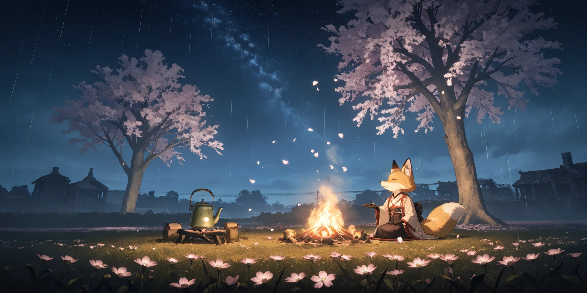 scenery,nierscene,masterpiece, best quality, amazing quality, ancient fox, sitting in a field of flower, cherry blossom petals falling like rain, the fox exudes a sense of ancient wisdom, forgotten ruins in the distace, blossoming cherry trees in the background, night, starry sky, a small campfire with a tea kettle on it, fox looks mysteriously content