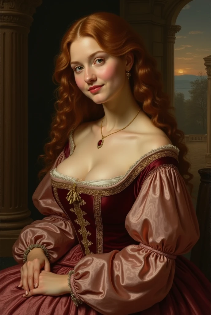 In the style of Peter Paul Rubens, this oil painting presents a Rubenesque woman, her figure wrapped in sumptuous burgundy and gold fabrics that highlight her creamy, soft skin. Her auburn hair falls in relaxed curls, surrounding her serene, radiant face, touched by a hint of blush. The background is filled with deep, dramatic colors and intricate details, which serve to elevate her luminous presence and the luxurious texture of the scene.