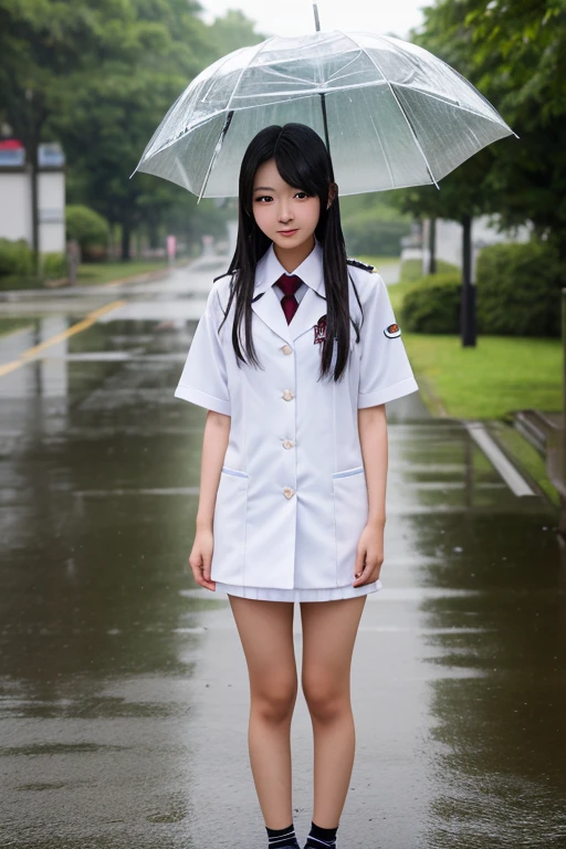 ((Best of the highest quality, 8k, Masterpiece, raw photo: 1.2)), (Sharp focus: 1.2), (1 AESPA, slim body type female, 21 y/o: 1.1), (solo: 1.28), (realistic, photo-realistic:1.37), face focus, cute face, finely eyes, (droopy eyes: 1.32), (Emphasize prominent aegyo-sal with bright: 1.2), shimmering eyeshadow applied under the lower lash line, paired with thick, (small ???????, flat ?????, Thigh: 1.3), (short messy hair, bangs: 1.28), (wet school uniform blazer, ribbon, black bra, panties: 1.32), walking in river, (rice field, paddy field: 1.1), flower, (from below: 1.18)