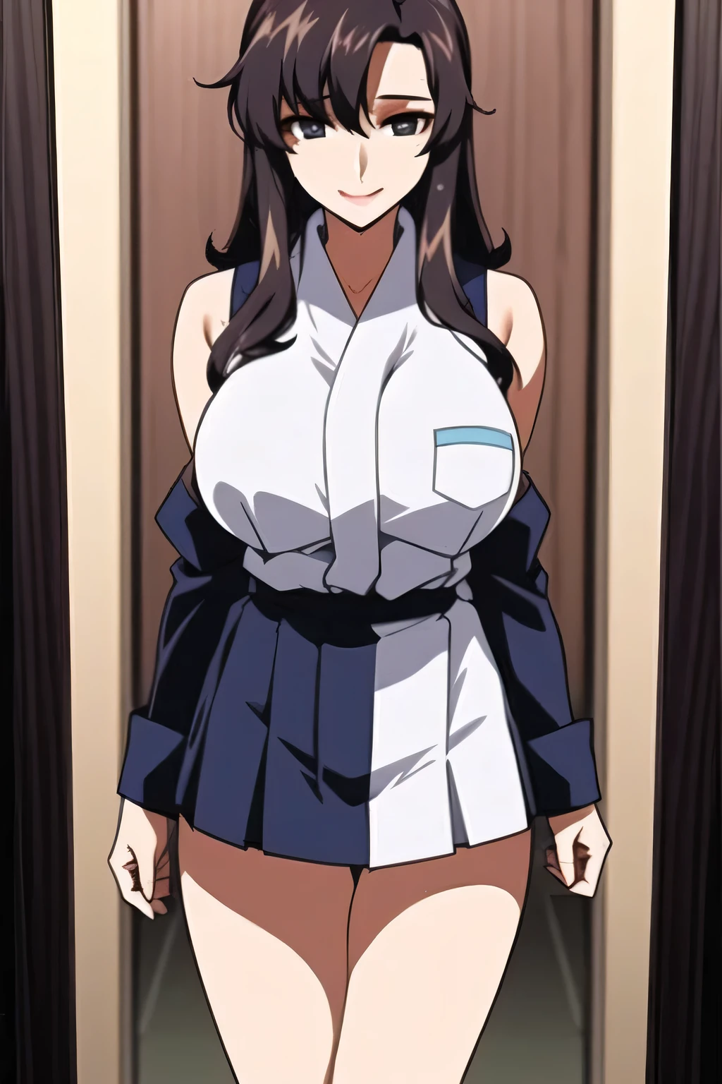 masterpiece, best quality, <lora:misumirin-nvwls-v1-000008:0.9> misumirin, low ponytail, hair ribbon, serafuku, long sleeves, tan shirt, blue skirt, armband, large breasts, blush, looking at viewer, hallway, upper body