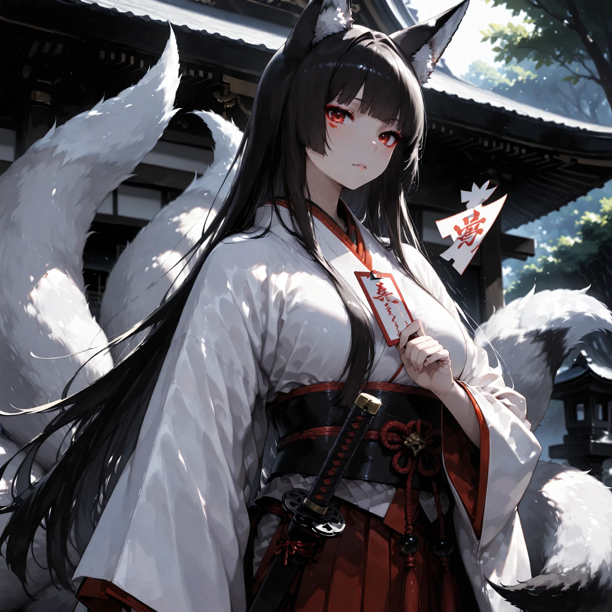 (anime:1.4),(solo:1.5), (:1.5), (adult female)、girls, Nine-Tailed Fox, , dark haired, long hair, Animal ears, , , Fox,, 、 白いNine-Tailed Foxの尻尾 beautiful eye drawing best details Japanese sword Maiden Outfit Shinto suits Ceremony Card Shikigami Tsuki Shikigami Fox、princess cut、red eyes、shrine、cute、Double eyelids、large eyes、