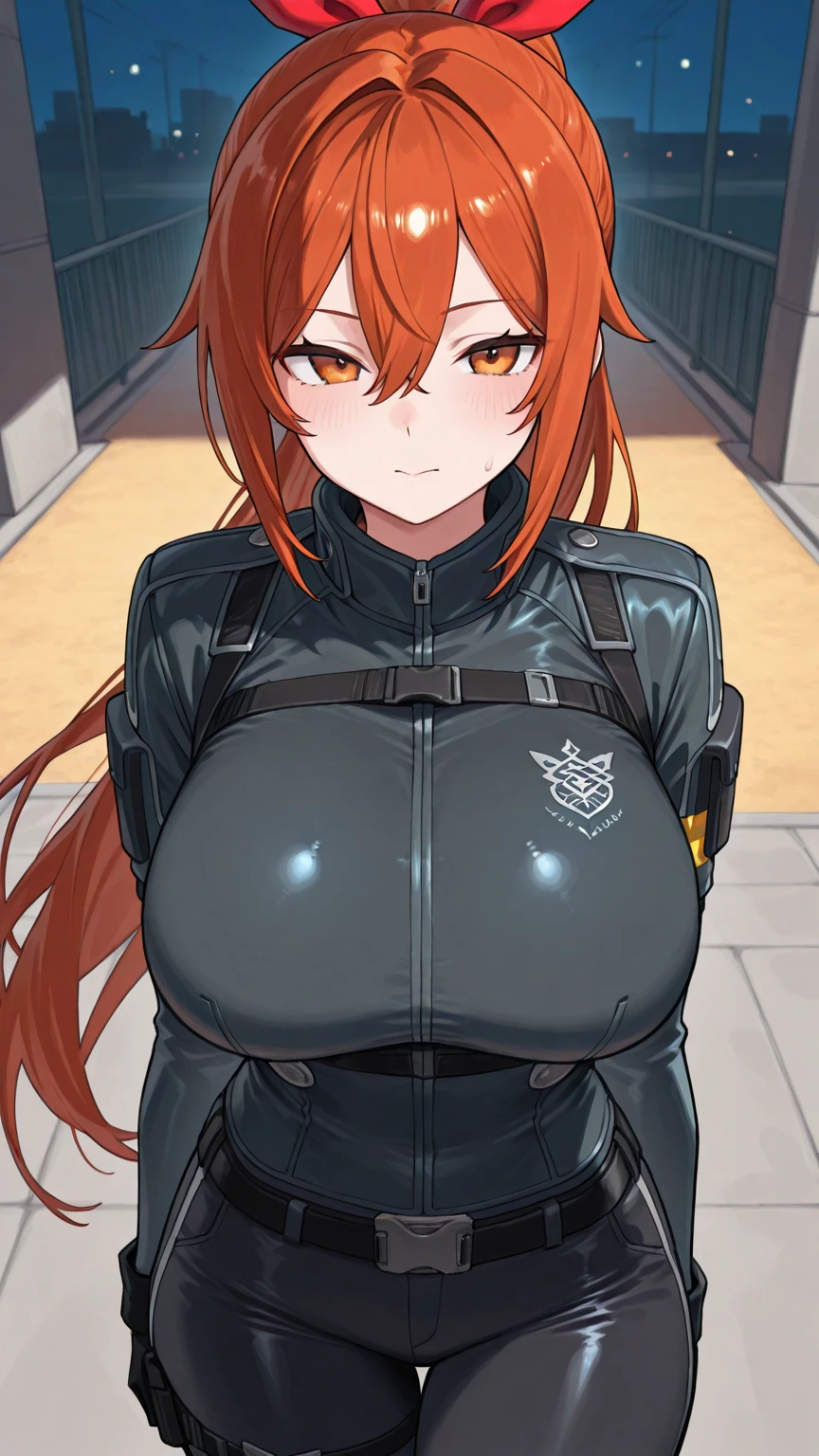 girl, With big breasts, with futuristic black spy suit, Long orange hair, orange eyes.