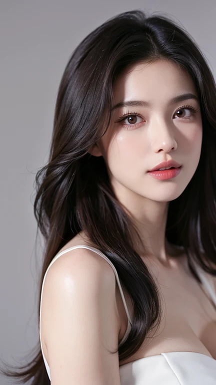 1woman, Updo hairstyle, (Ultra realistic, high res), (highly detailed eyes, highly detailed hair, highly detailed face, highly detailed plump lips), (off shoulder with open breasts), breasts, upper body, caute smile, (best quality:1.4), Raw photo, (realistic, photo-realistic:1.37), professional photography, cinematic light, (fine face: 1.2),