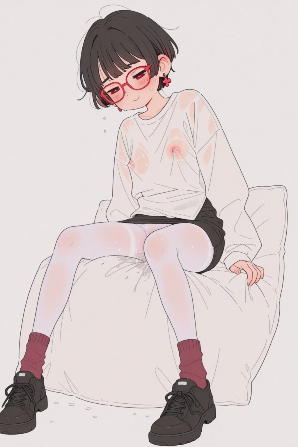 a beautiful young woman with brown short bobhair and bangs, wearing a grey cardigan and socks, with a slim figure and flat chest, posing seductively against a heart-patterned background, highly detailed, photorealistic, 8k, masterpiece,(nsfwnude)