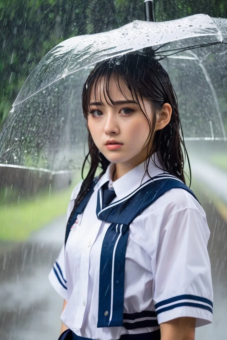 1girl, long black hair,schoolgirl uniform, shy, blush, wet, rain, transparent, (masterpiece, best quality), soft light, cinematic composition, cinematic light