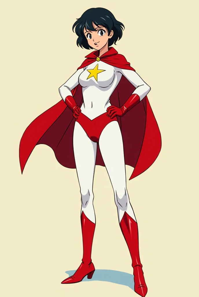 ((masterpiece)). ((best quality)), ((highres)), 1girl, solo, short hair, brown hair, purple eyes, (full body), standing, hands on hip, (sleeveless white and red leotard with yellow accents and star emblem embedded in chest area), (matching white gloves), ((bare legs)), superhero, tokyo city backdrop, matching boots, medium breasts, 20 age,