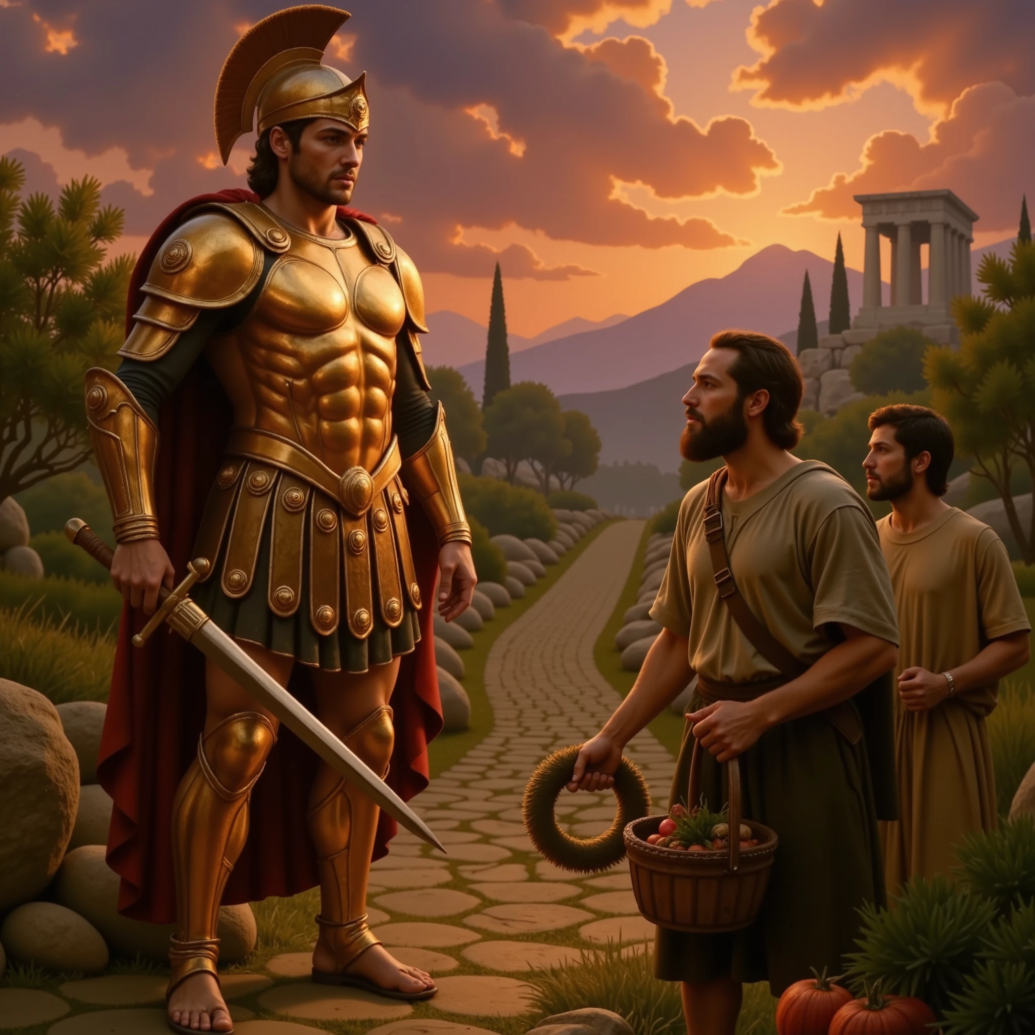 Cycnus, the fearsome warrior son of Ares, in gleaming golden armor, surrounds two traveling pilgrims of Apollo on a winding stone road toward the temple of Delphi. The Greek sky is the orange hues of dusk, with dramatic clouds illuminated by the setting sun. In the background, sacred mountains shrouded in mist and ancient temple columns partially appear between olive trees. The travelers wear simple tunics, carry offerings, and maintain an expression of reverence and awe before the imposing figure of Cycnus. The scene has an epic, realistic style, with cinematic lighting and intense atmosphere.
