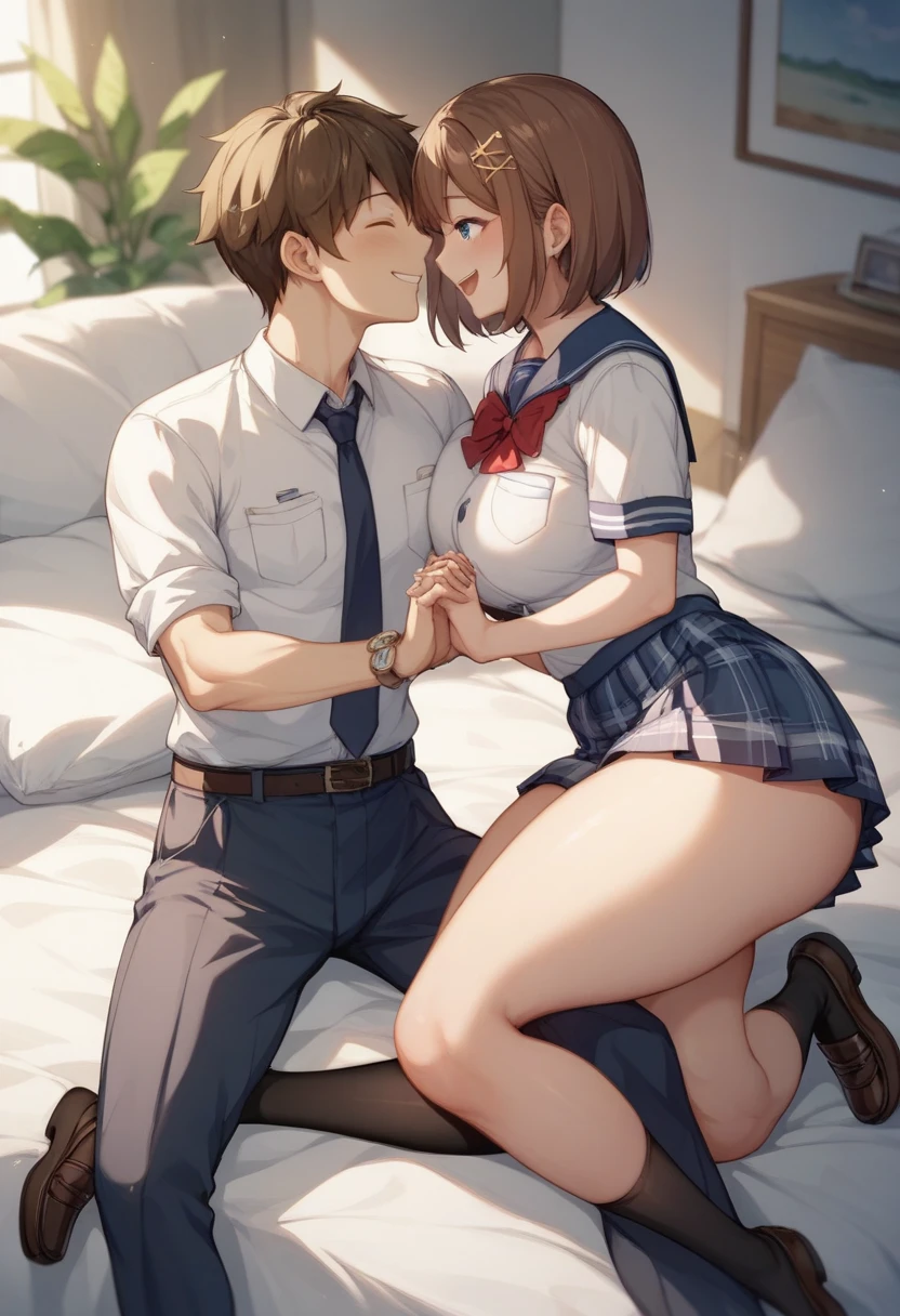 Anime short haired schoolgirl in transparent raincoat and white gloves schoolgirl in white socks touching another boy's pants without gloves yogurt on gloves in school classroom anime manga style