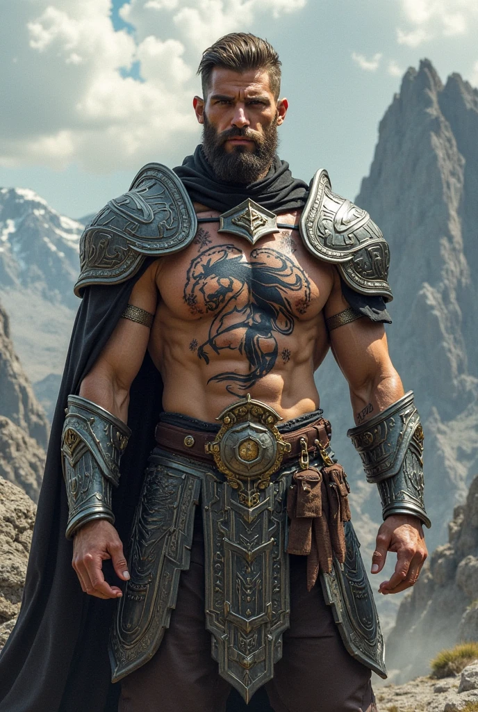 Bold RAW photo of a man in ancient armor , on a city ruins. he has an intense look, detailed skin, (with highly detailed tattoos:1.1), finely eyes. The shot is taken on a professional camera with a shallow depth of field, creating a natural and raw feel. The lighting is soft and adds to the mysterious atmosphere of the scene. The image is highly detailed, cinematic, kkw-skin-det