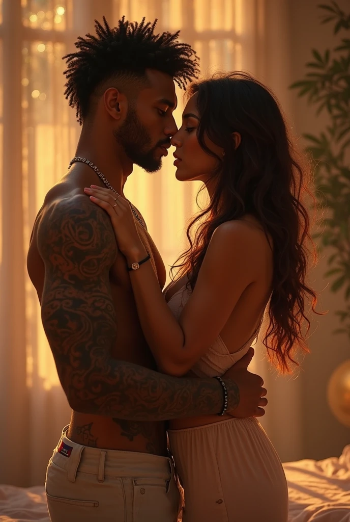 209 cm tall, 29-year-old, fit attractive man with black short layered swept back wavy crew cut hair, short black facial hair, shirtless, Mediterranean-Native American features, black cargo pants, hip shot, kissing much shorter woman 170cm tall light skin and vibrant maroon hair wearing white off shoulder shirt and lavender shorts as they sit on a bed in an underground basement, photorealistic, cinematic