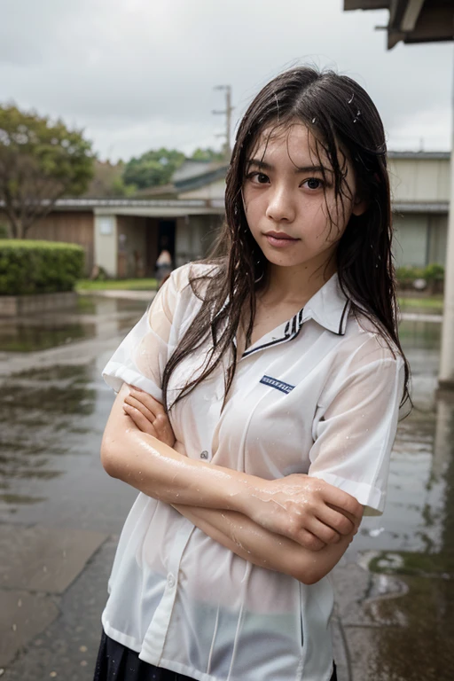 songkran,Wet roads , soaked through,drenched, Dripping, Wet Face,Wet clothes, Wet Skin, Wet Hair,A young woman with a cute face like an idol,chest,chest元が見えるデザインのメイド服,cling,RAW Photos,Genuine,Genuine,High resolution,RAW Photos,masterpiece, Genuineistic, beautiful