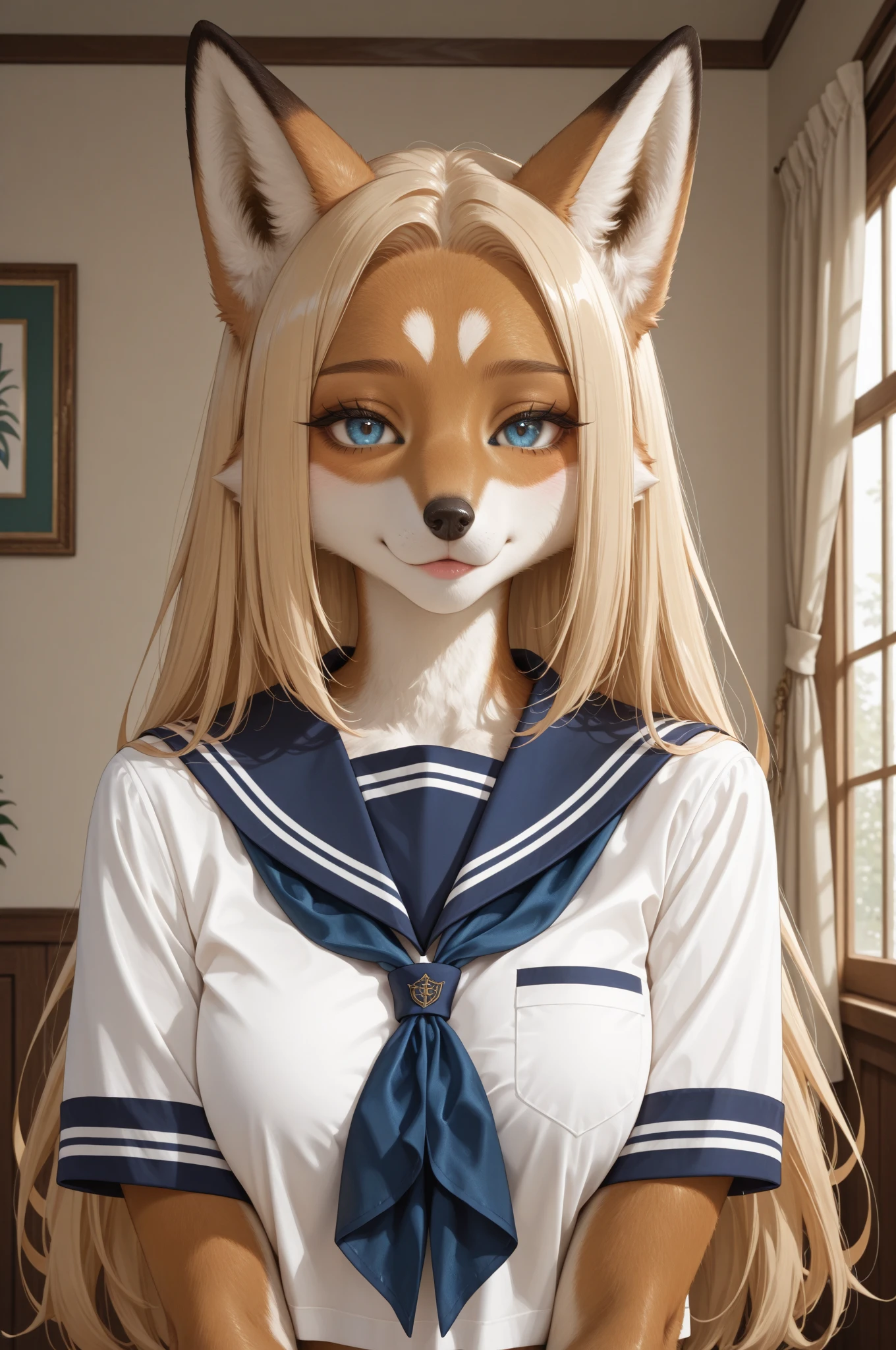 (life-size-body), (Furry Art : Anthro : Canadian White Fox)
1girl, bangs, black legwear, black skirt, blonde hair, blue eyes, blush, breasts, closed mouth, collarbone, hair ribbon, long hair, looking at viewer, neckerchief, pleated skirt, red neckerchief, red ribbon, ribbon, sailor collar, school uniform, serafuku, shirt, short sleeves, sidelocks, skirt, solo, thighhighs, twintails, v-shaped eyebrows, very long hair, white shirt