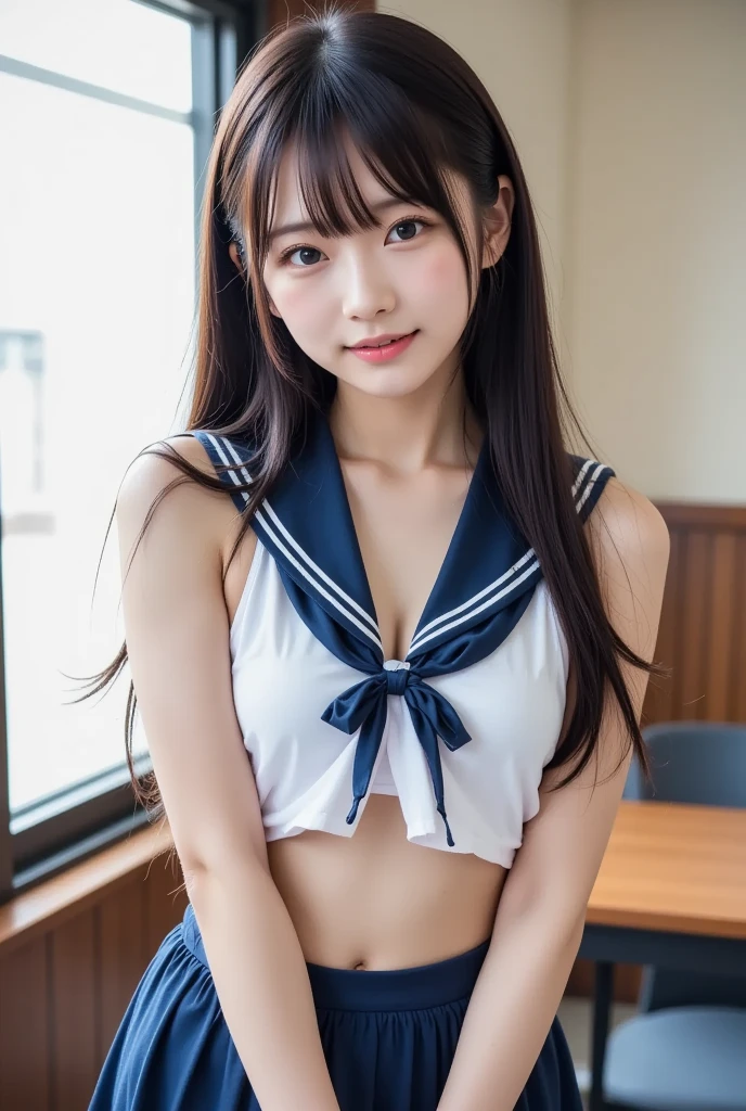 (masutepiece, Best Quality:1.2), 8K, Official art, Raw photo, unbelievable Ridiculous, (Upper body, (tight Sailor Uniform crop top sleeveless, white panties), serafuku, sitting:1.4), Beautiful Girl, Idol face, arching back down, large full breasts, (thinwaist), thighs thighs thighs thighs, Stockings、 close up, (School uniform), Short sleeve, gardenia, violaceaess, school bus seat, Looking at Viewer, No makeup, Film grain, chromatic abberation, Sharp Focus, face lights, Dynamic lighting, Cinematic lighting, Detailed face, Bokeh background, (Dark red bow tie:1.3)