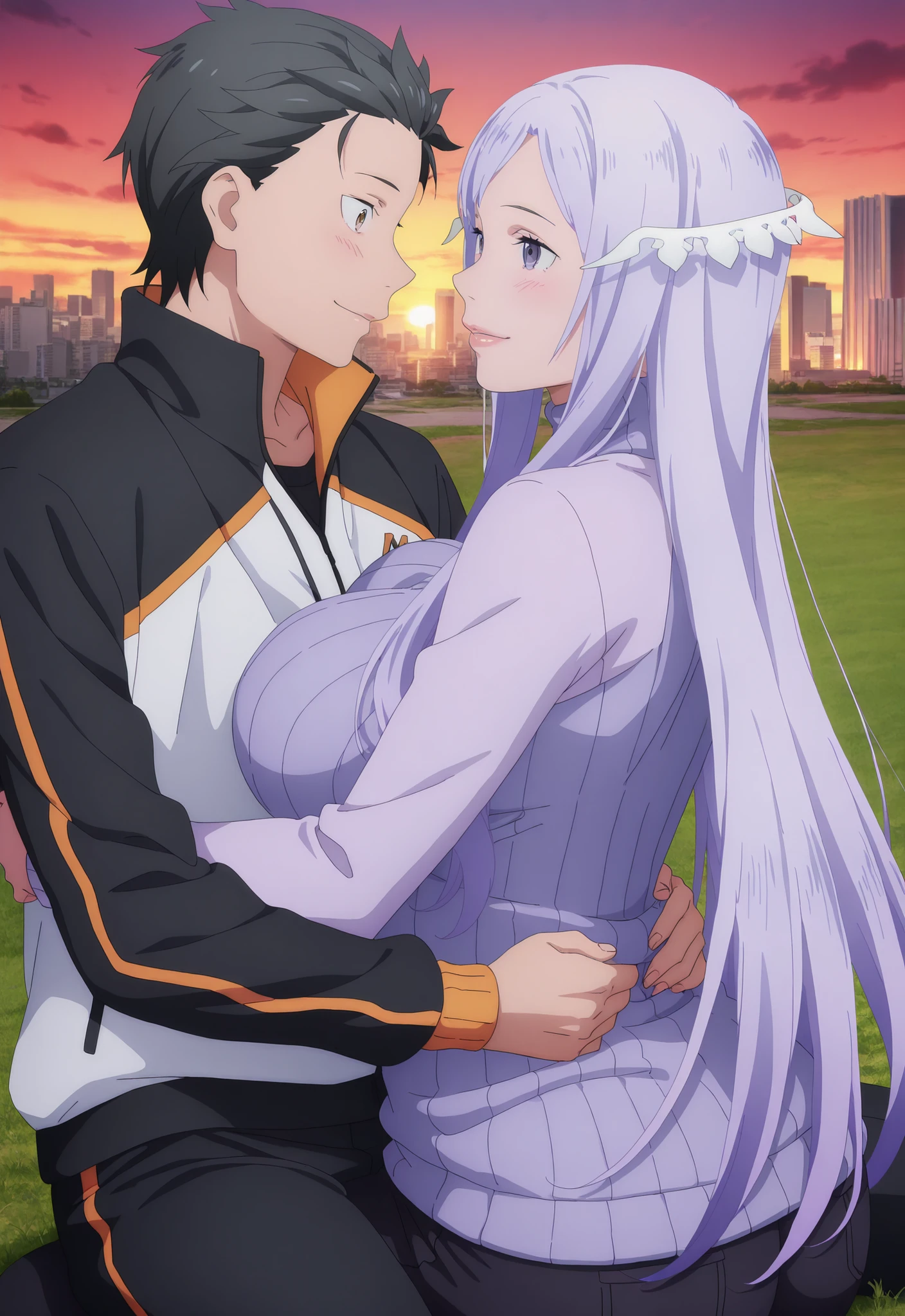 anime screencap, anime coloring, detailed background, screencap, quinella, 1girl, Mature Female, long hair, light purple hair, purple eyes, hug breasts, big butt, ((turtleneck sweater, black pants,)), smile, Lips, view detailed body, (((Sexy,))) ((turtleneck sweater, black pants,)), 1boy, natsuki_subaru_locon, black hair, grey hair, brown eyes, jacket, natsuki subaru, track jacket, hug, realistic, photorealistic, detailed shadows, realistic shadows, blush, scenery, on grass, outdoors, looking at another, eye contact, sitting, low angle, happy, city, Filipino, Sunset,