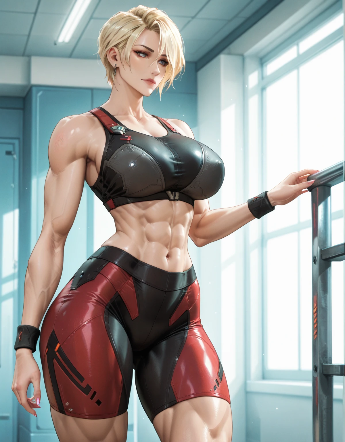extremely long hair perfect anatomy 1 girl tall solo curvy (muscular) tight shirt leggings cowboy shot see-through