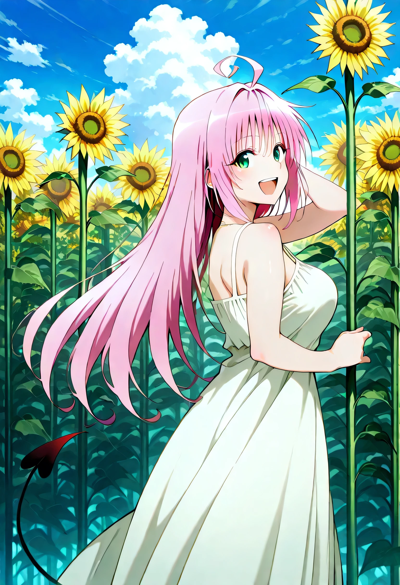 score_9 , score_8_up , score_7_up , source_anime detailed eyes,anime eyes,high detail eyes,multicolored iris,detailed iris,anime style, 4k masterpiece, best quality, girl, beautiful face, clean skin, shiny hair, shiny skin, beautiful face, perfect eyes, 4k high quality eyes, high quality brightness, best quality, 4k very aesthetic, absurd, perfect body quality, beautiful curves, perfect, perfect genitals, beautiful ambient light, beautiful aesthetics, very realistic scenery, 4k high quality, masterpiece, best quality, absurd, latest, high resolution, official art, best quality, absurd, latest, high resolution, official art, screenshot, anime screenshot, anime coloring, 1girl Lala Satalin Deviluke (To Love Ru All Series), long hair, pink hair, tail, ahoge, bangs, hair ornament, green eyes, demon tail, mature female, large breasts, <lora:field-of-sunflowers-illustriousxl-lora-nochekaiser:1>, field of sunflowers, solo, looking at viewer, smile, open mouth, dress, standing, flower, :d, outdoors, teeth, sky, sleeveless, day, cloud, white dress, from side, blue sky, sleeveless dress, sunflower, sundress,