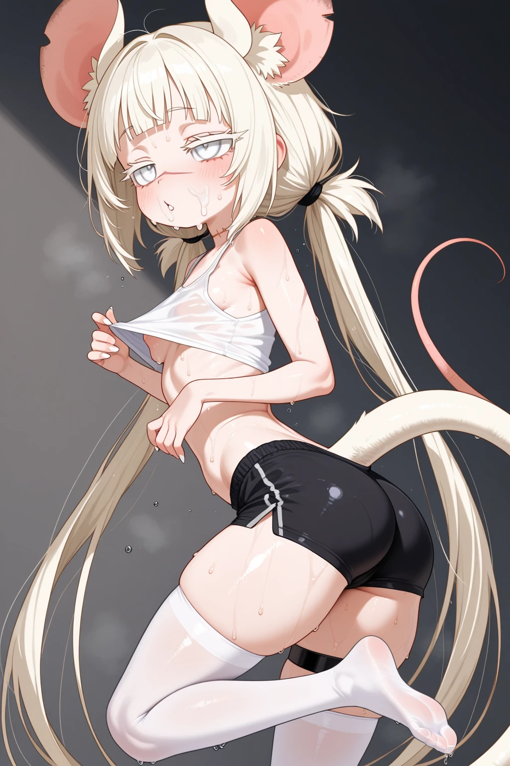 Anime illustration,best quality ,masterpiece, illustration, full-body  of a ((Lamia))  , Pop star,((male)), White Scales, ((Long White Hair with Pink hair Streaks)), pink Crop top , White Half jacket, Skimpy tight shorts, Expression(( Shock, surprise,)),l, background( On Stage at a Concert)) clothes tearing, ((Dark Skin:1.4)), Femboy
