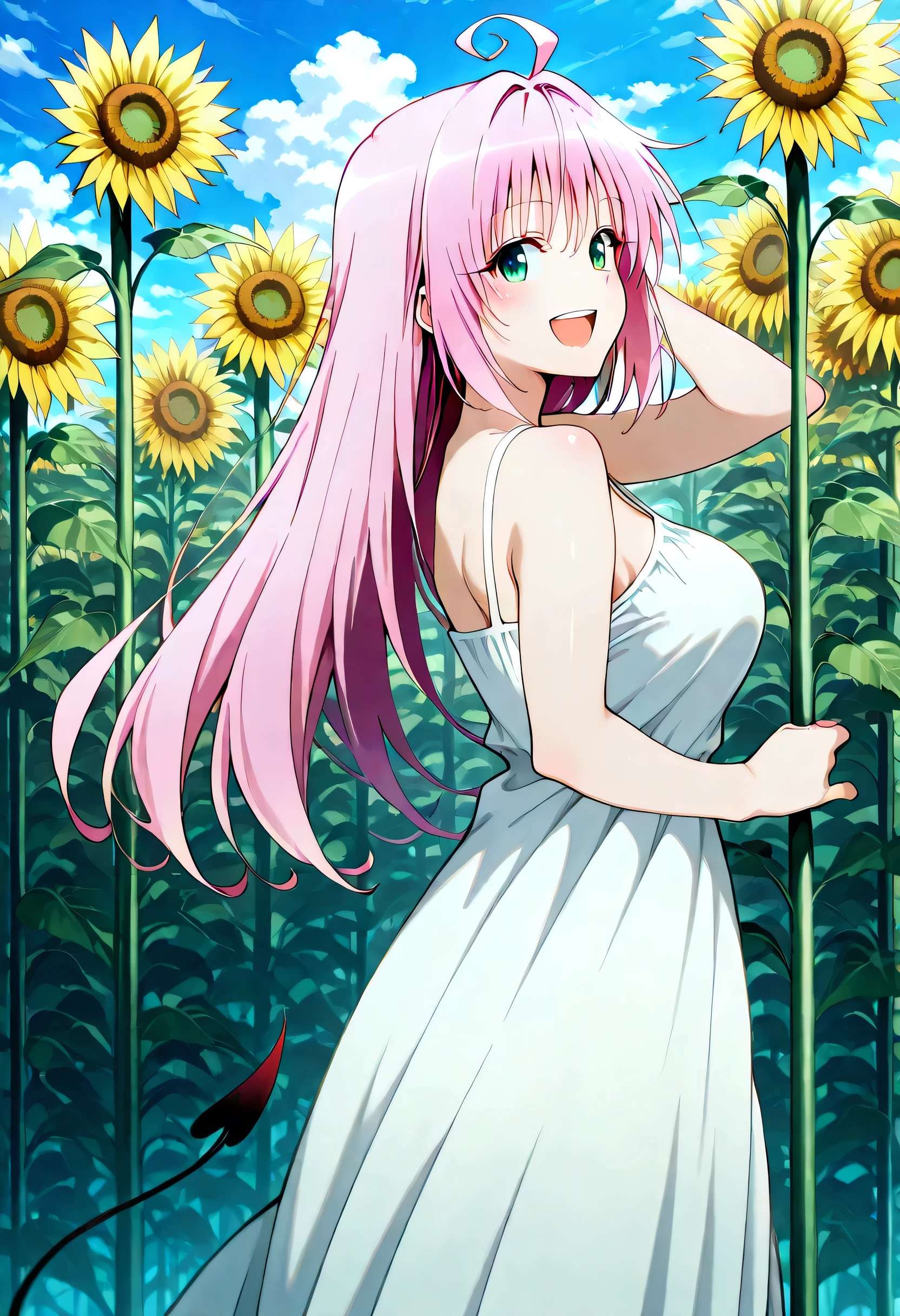 score_9 , score_8_up , score_7_up , source_anime detailed eyes,anime eyes,high detail eyes,multicolored iris,detailed iris,anime style, 4k masterpiece, best quality, girl, beautiful face, clean skin, shiny hair, shiny skin, beautiful face, perfect eyes, 4k high quality eyes, high quality brightness, best quality, 4k very aesthetic, absurd, perfect body quality, beautiful curves, perfect, perfect genitals, beautiful ambient light, beautiful aesthetics, very realistic scenery, 4k high quality, masterpiece, best quality, absurd, latest, high resolution, official art, best quality, absurd, latest, high resolution, official art, screenshot, anime screenshot, anime coloring, 1girl Lala Satalin Deviluke (To Love Ru All Series), long hair, pink hair, tail, ahoge, bangs, hair ornament, green eyes, demon tail, mature female, large breasts, <lora:field-of-sunflowers-illustriousxl-lora-nochekaiser:1>, field of sunflowers, solo, looking at viewer, smile, open mouth, dress, standing, flower, :d, outdoors, teeth, sky, sleeveless, day, cloud, white dress, from side, blue sky, sleeveless dress, sunflower, sundress,