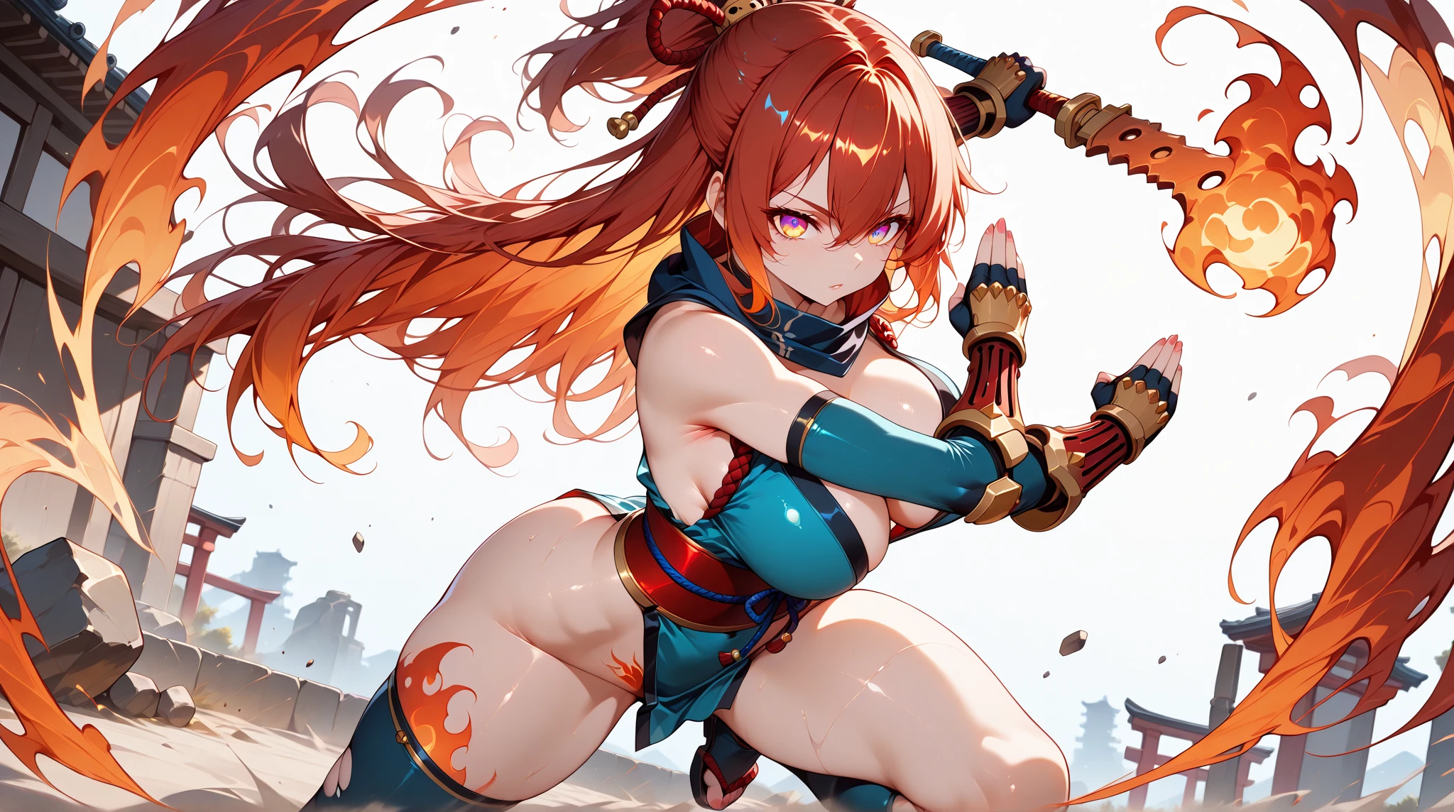 (best quality,4k,8k,highres,masterpiece:1.2),ultra-detailed,((shoujo girl)),((fox girl)),((medium hair)),((full body)),((stand pose)),((((very baggy and long gym leg warmers)))),((bare feet)),((thong)),(((short battle blouse))), (((battle gloves))), ((((carrying a giant sword)))),((fully detailed)),illustration,vivid colors