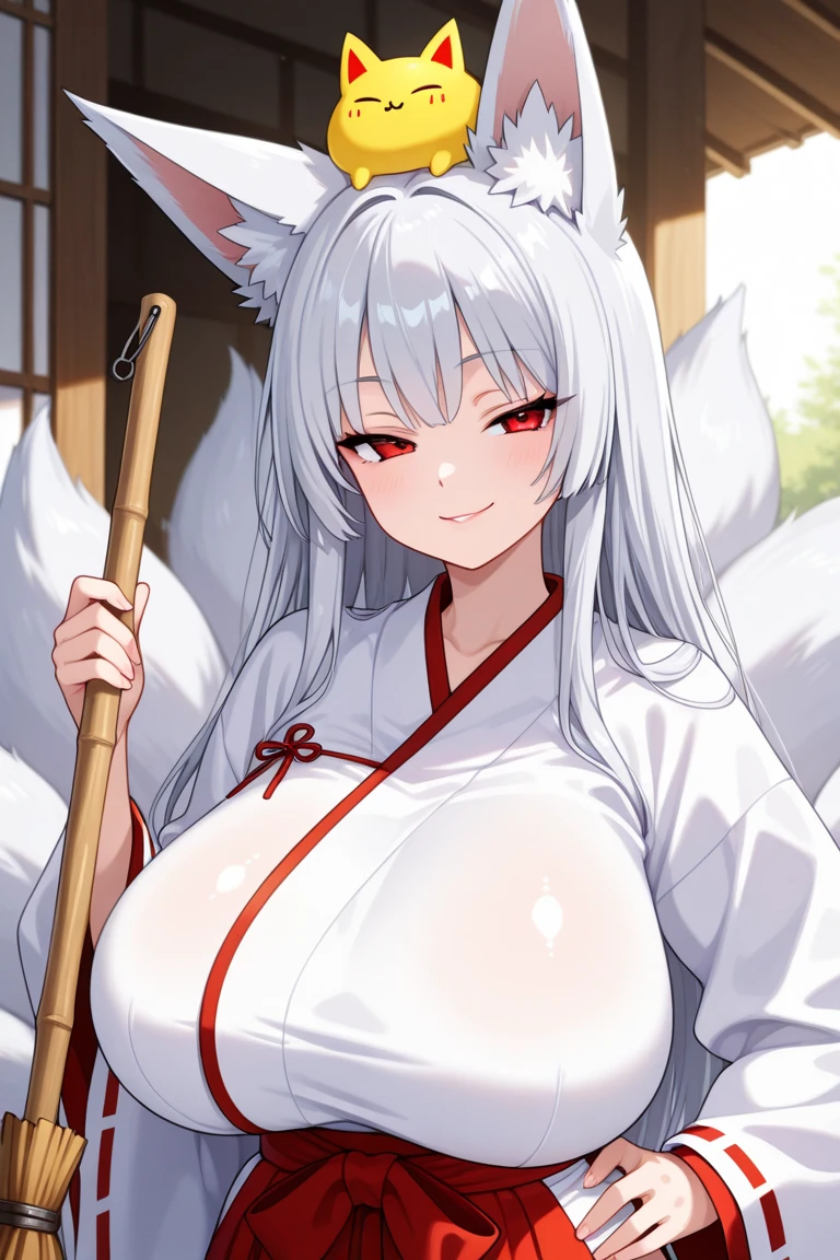 Anime Girls, (masterpiece, highest quality, 8K ultra-high resolution:1.4), beautiful detailed eyes, ultra-detailed, cowboy shot
(solo:1.2), mature, adult, milf, facing viewer, looking at viewer,
smile, horny, sweat, nervous,
(shrine maiden, japanese clothes, detached sleeves, red hakama short skirt), Huge areola, big butts, thick thighs,
(fox kemono mature:1.5), (silver long hair blue eyes:1.1),
grey background, simple background,
