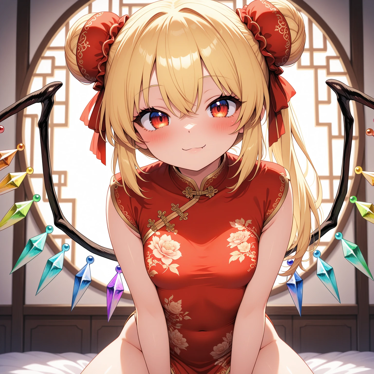 Young woman cheongsam illustration, masutepiece, Fine details, 4K, 8K, 12K, Solo, 1 person, Beautiful Girl, caucasian female, 8 years old, Flandre Scarlet, light yellow hair,, Side tail, red Cheongsam、Deep slit in clothes