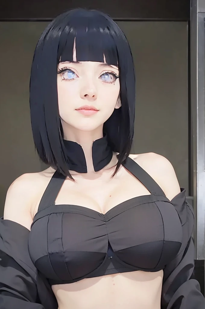 masterpiece, hinata\(boruto\), 1girl, mature women, (((apron black and white))), (((Selfie))), (((Close-up photo))), (((cleavage))), (((Closed Clothing))), (((big breasts))), (((big round breasts))), (((round breasts))), (((Colossal tits))), (((very round breasts))), (((plump breasts))), (((perfect breasts))), (shy face), detailed lips, beautiful face, blush, (pink lips), (((long hair))), white eyes, gentle gaze, smile, super realistic, detailed, realistic face and body, realistic hair, realistic eyes, realistic nose, realistic lips, seductive pose, (((straight bangs))), (dark blue hair), 28 year old girl