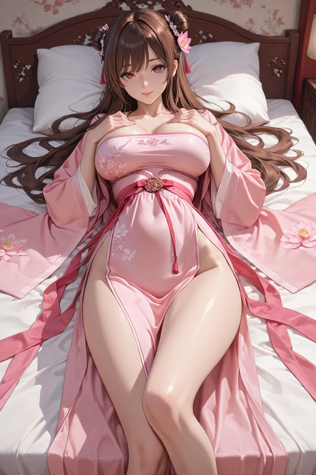 (top quality, 8k, masterpiece: 1.3)), cute 1 woman with perfect figure: 1.4, slender figure, (light brown hair, small shapely breasts)), (wearing a yukata with pink cherry blossom floral pattern: 1.5), (lying on a futon, the room is dark and only the pale light of the lanterns), very detailed face and skin texture, detailed eyes, double eyelids, emphasizing cleavage, showing a glimpse of thighs, Flirism, fresh lips, fresh skin, very beautiful bare feet, wearing a yukata instead of a swimsuit, face turned to the side and eyes closed slightly, body wet with sweat, mouth slightly open, relaxed expression.