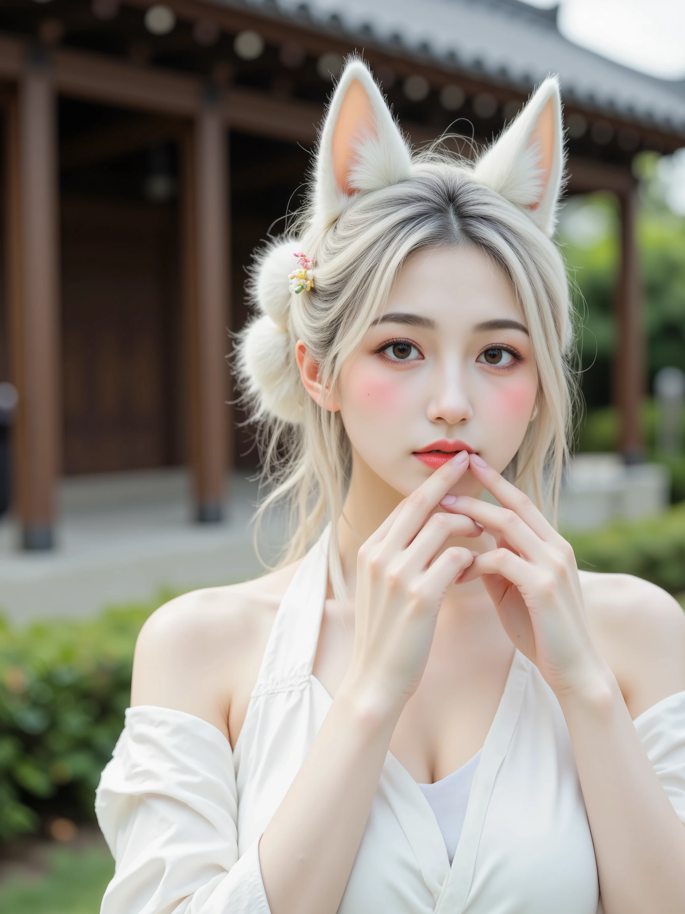 Beautiful white-haired fairy fox woman smiling in front of a high quality traditional Japanese wooden house,holding her fingers around her mouth and being quiet,wearing a white kimono with long white fox ears and 9 white fox tails,4K,8K,high res,Masterpiece,Ultra Fine Painting,Realistic,like the picture,studio lighting,Extremely Detailed Description,professional,Vivid Colors,Bokeh