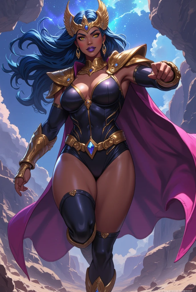 (masterpiece, top quality, best quality, official art, beautiful and aesthetic:1.2), (1girl:1.3), ((long black hair)), (((pale purple skin, pale blue skin, blue skin, purple skin))), extremely detailed, portrait, looking at viewer, solo, (full body:0.6), detailed background, close up, (cold night mountain theme:1.1), dark elf war dancer, charlatan, smirk, mysterious, swaying in mountains, skimpy attire, revealing gladiatrix costume, gold bikini, cowl, metal bikini, long boots, dual knives, violet fabric, black leather, ((gigantic breasts, cleavage, skindentation)), slim waist, slim hips, long legs, medieval (mountain exterior:1.1) background, dark mysterious lighting, shadows, magical atmosphere, dutch angle