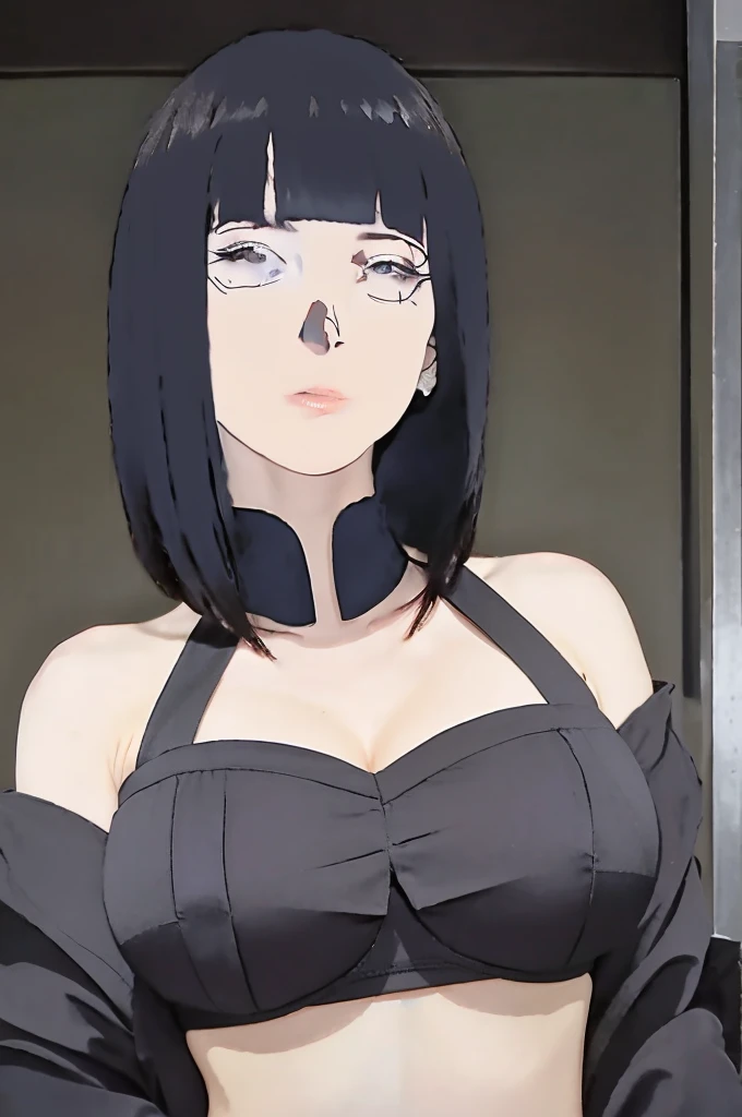 close up image of a person with a white apron and black hair, hinata hyuga, hinata hyuga from naruto, black hime cut hair, pin di , white hime cut hairstyle,(big breasts) cgi style, from naruto, seductive girl, shikamimi, realistic ones inspired by Kusumi Morikage, she has black hair with bangs