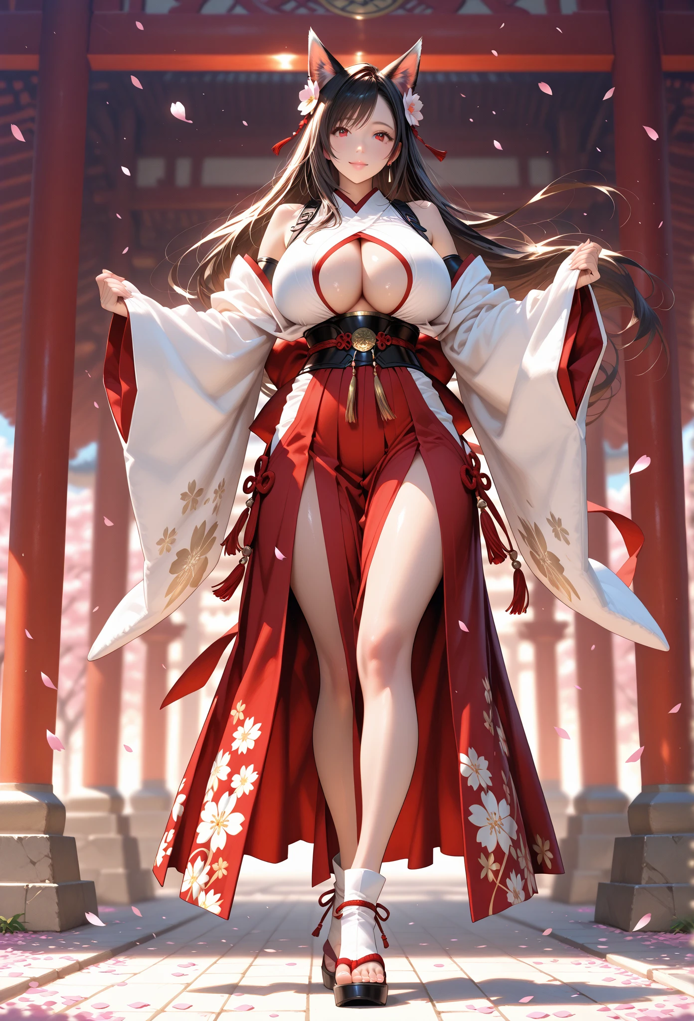 (masterpiece, top quality, best quality, official art, beautiful and aesthetic:1.2), (1girl), extreme detailed,(fractal art:1.3),colorful,highest detailed. Stunning Beauty Voluptuous Japanese Bride. Smile. Wedding ring. Wearing Japanese see-through traditional wedding dress, underboobs, with slits, and transparent veils. Traditional magatama jewelry accessories. Beautiful belly, beautiful waist, beautiful thighs, and beautiful legs. Full body photo, head to toes, wide angle. Background on the sacred Japanese shinto shrine with torii gates. HD image, colorful image, very detailed ???????, very detailed background.