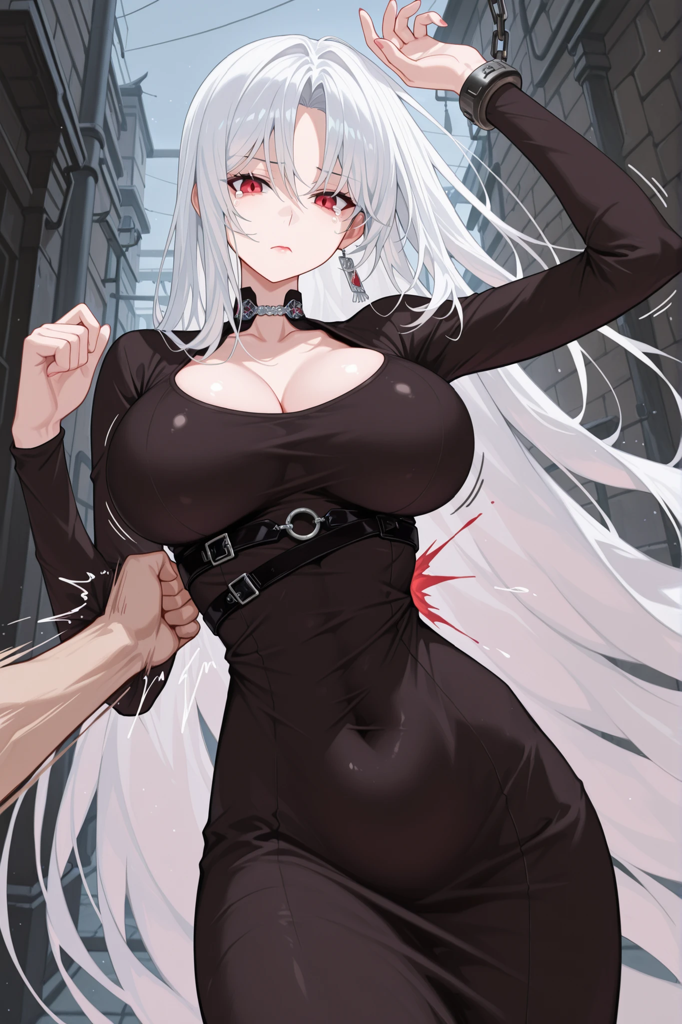masterpiece,best quality,highres,Super detailed,very detailed,highest quality,super detailed,high quality,high-definition,extremely detailed, absurdres,perfect lighting,outdoors,hanging all hands over head,hanging two hands over head,chain restrict her wrist,straight body,Straight body,Straight Body,straight belly,Straight belly,Straight Belly,sexy,sexy belly line,Sexy belly line,Sexy Belly Line,(((((bellypunching,Bellypunching,Belly punching,Belly Punching,belly punching:1.2))))),
*//*,pectre_neo,1girl,solo,white hair,long hair,very long hair,red eyes,large breasts,cleavage,score_9,score_8_up,score_7_up,score_6_up,dongtan dress,Dongtan dress,Dongtan Dress,black dongtan dress,Black dongtan dress,Black Dongtan Dress,taut clothes,impossible clothes,no sunglasses,lipstick,off shoulder,
*//*,looking at viewer,small tears