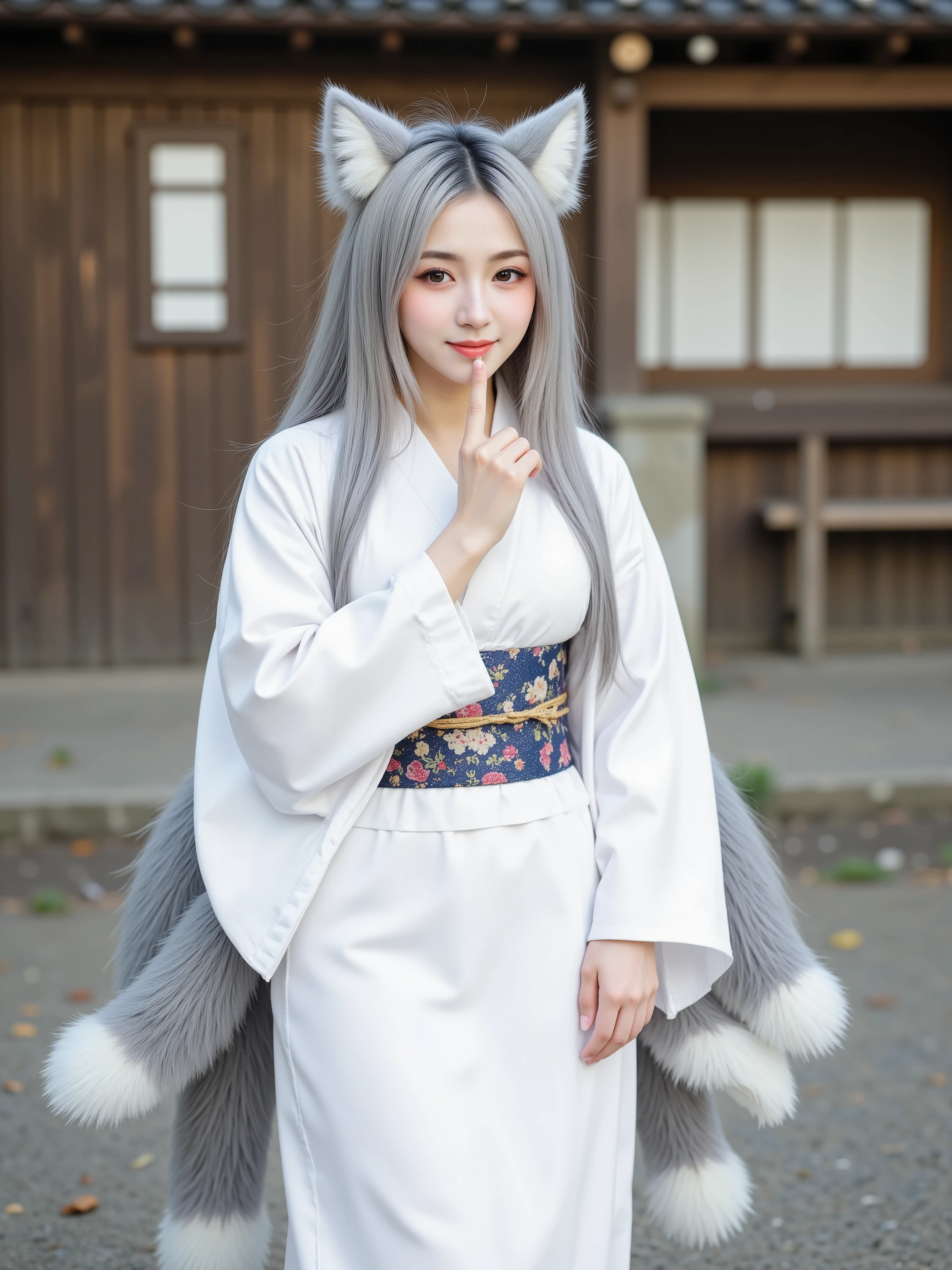 A beautiful fairy fox woman smiling in front of a traditional Japanese wooden house, putting her index finger on her mouth and making a quick gesture, wears a white kimono with long gray hair, big white fox ears, 9 fox tails,