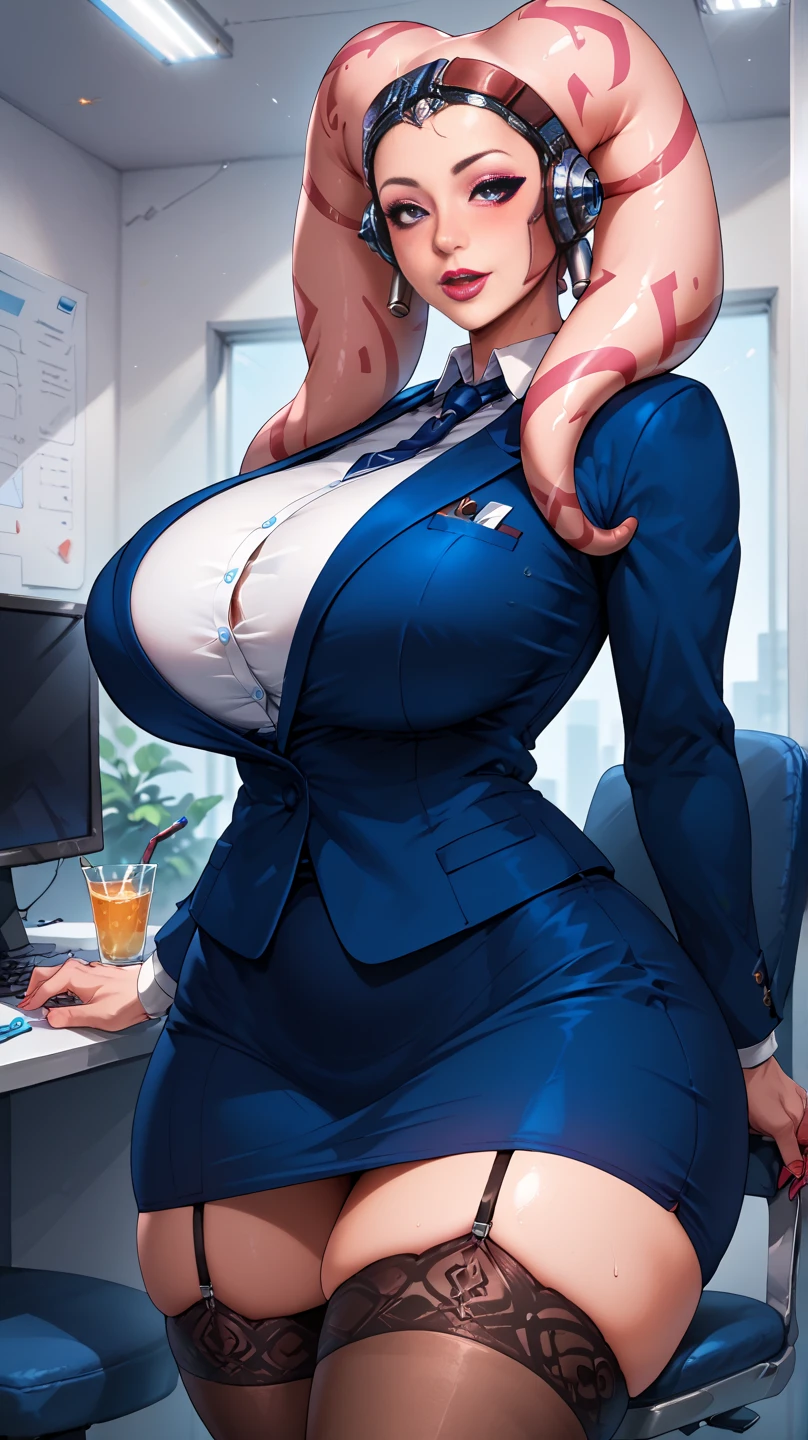 ((Masterpiece, Best Quality)), ((finely detailed, beautiful eye, Masterpiece)),((Big breast, Curvy, Sexy)), ((Office Suit, Stocking, Look at the viewer, eye looking sharp)),((Sakimichan Artstyle)),((Blue hari, Ponytail)), standing in the office, ((Realistic finger, Correct ???????)), (((SFW)))
