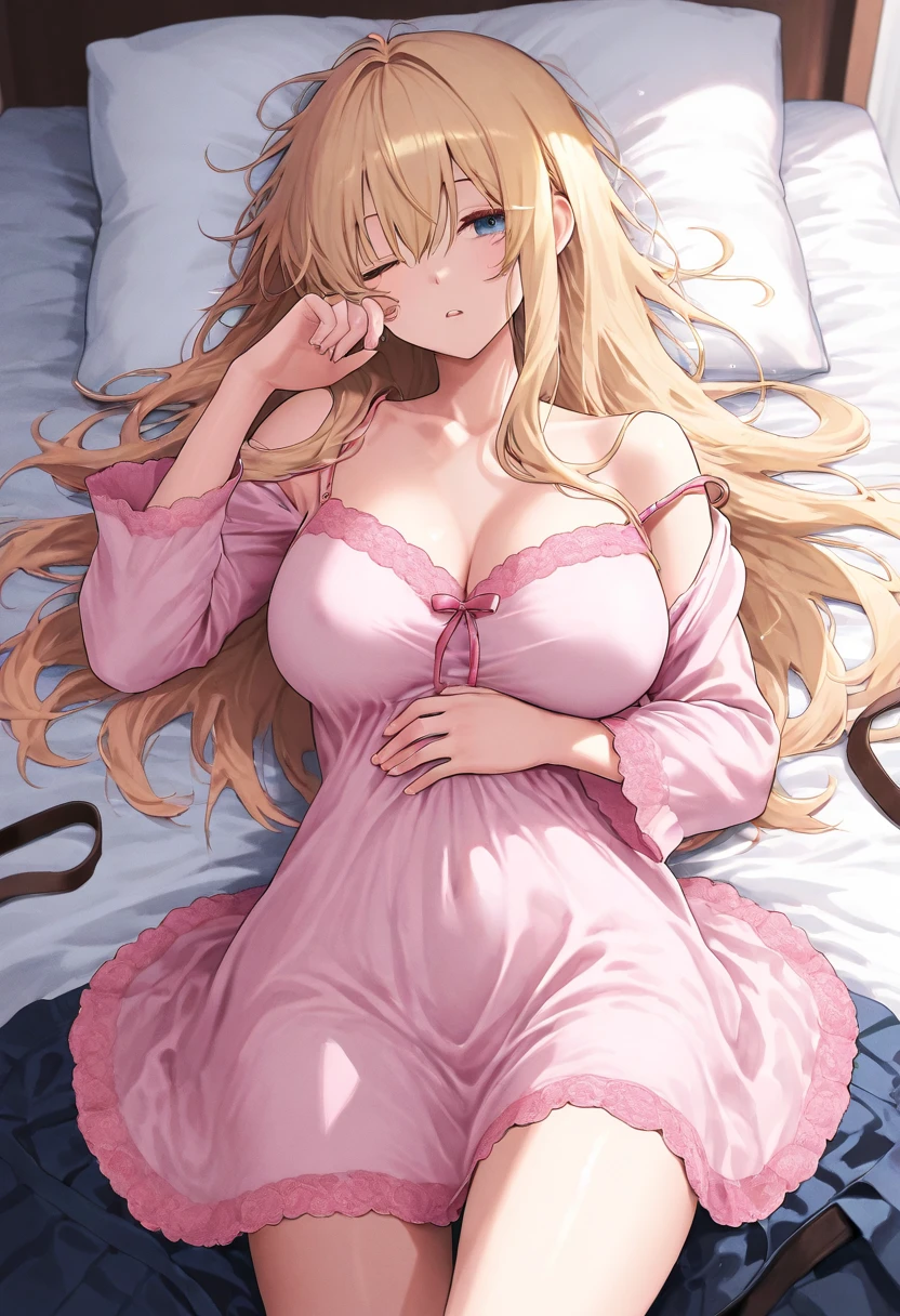 (Masterpiece, Top quality:1.5), nsfw, full body, (lying on one’s back:1.3), (1 beautiful girl, solo:1.2), (short height:1.3), (Camisole and Silk Pajama Pants:1.3), (strap slip:1.2), Blonde hair:1.1, medium Hair, wavy Hair, asymmetry bangs, swept bangs, airy hair, large breasts:1.2, (sleepy-eyed:1.3), blush:1.2, beautiful scene of bedroom, open mouth