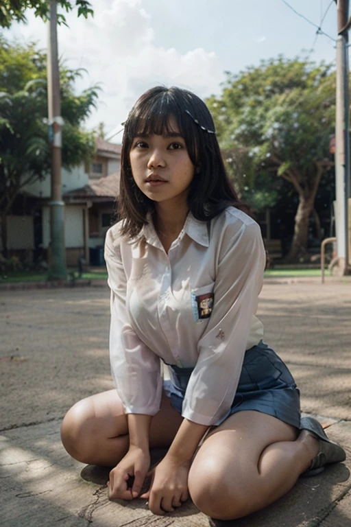 Japanese girl 10 yo, sitting on stairs, white panties, looking on camera, being ashamed