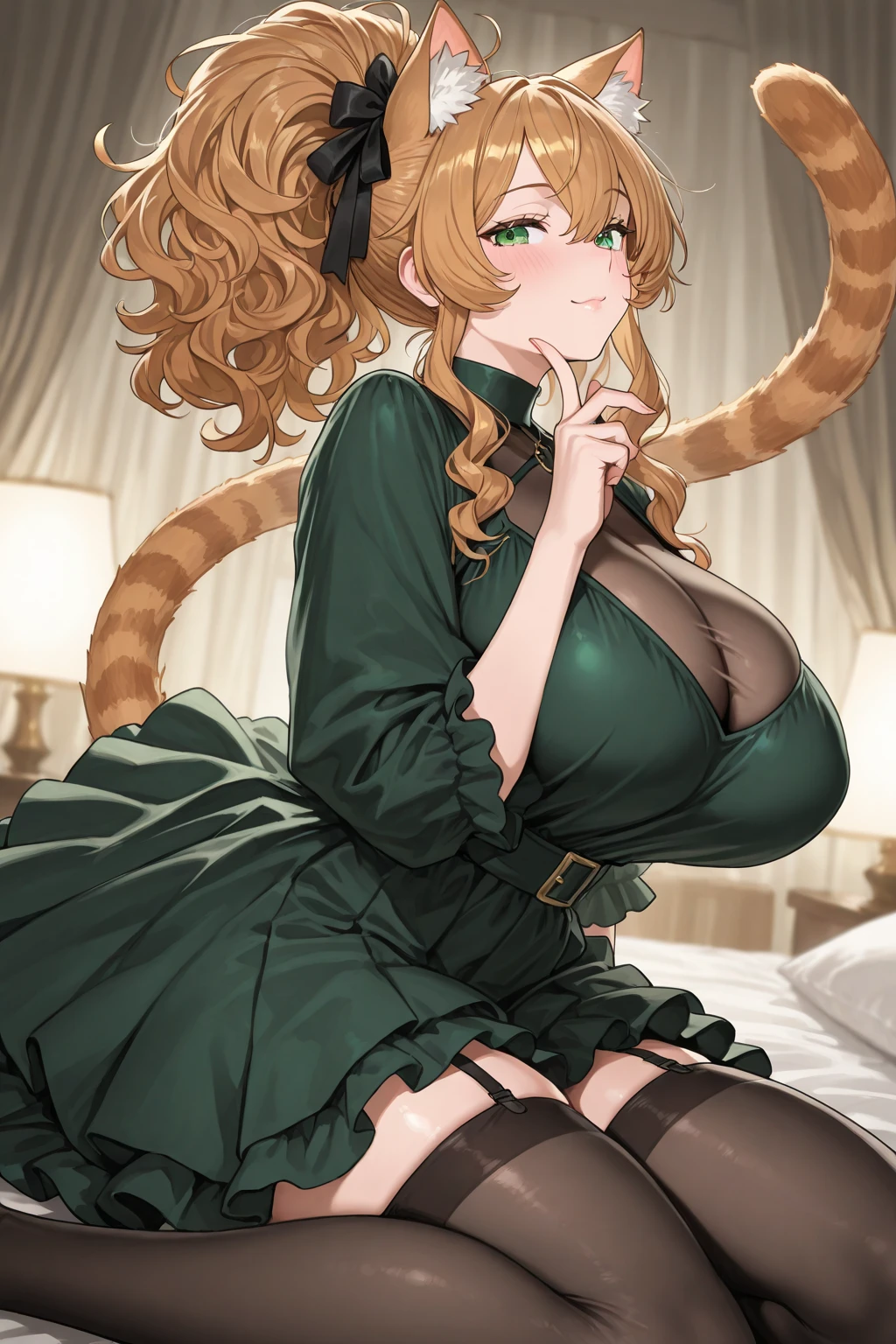 A green haired girl with purple eyes and an hourglass figure in a green Lolita dress is holding a cat in a bedroom