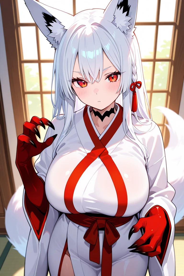 shinobi,ninjartist,Kunoichi,Strange thieves,Rabbit tail in rabbit ears,Ninja in kimono,Furisode,fluffy hair,Posing with an embarrassed face、I am holding the rabbit's ears with both hands,You can lean forward and see a little cleavage,