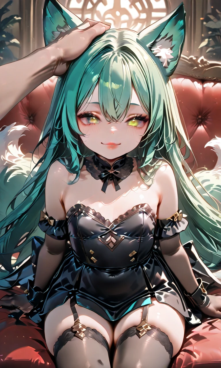 NSFW, 1Woman, ((best quality)), ((masterpiece)), (detailed), beautiful face, (defiance512:1.2), solo, (((sea-green hair))), (((sexy sea-green colour goth outfit))), (((black lipstick))), (((eyeliner))), (((dark eyeshadow))), (((ahego face))), (((long hair))), (((dark-blue eye colour))), (((tanned skin))), (((evil smile dominant expression))), (((bedroom background))), bed, desk, window, led lighting, goth wallpaper, guitar, rug, dark lighting, (evil:1.2), looking at viewer, (interview:1.3), intense seductive gaze, contrasting soft skin, (lighting:1.2), ((best quality)), ((masterpiece)), (detailed), perfect face, (((close-up face view)))