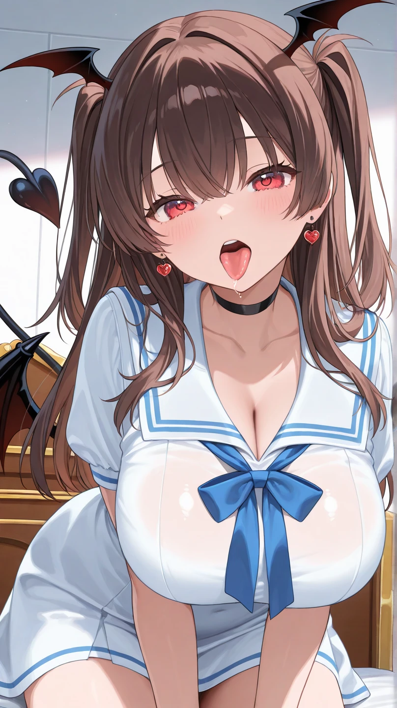 (Highest quality), (High resolution), (masterpiece), (Very detailed), One Girl, Cowboy Shot, One Girl,Miho no Bourbon\(Horse Girl\), Long Hair, Brown Hair, Hair between the eyes, blue eyes, Large Breasts, Silky skin, Shiny skin, blush,Heart pupil, Heavy breathing,(Put on the collar), Front view,  (Bright saturation), Love juice drips from the crotch, In the park at night, On all fours, Lead extends from collar, (Sex slave), (aphrodisiac), (trembling), With a happy face, Show the whole body, Hard look