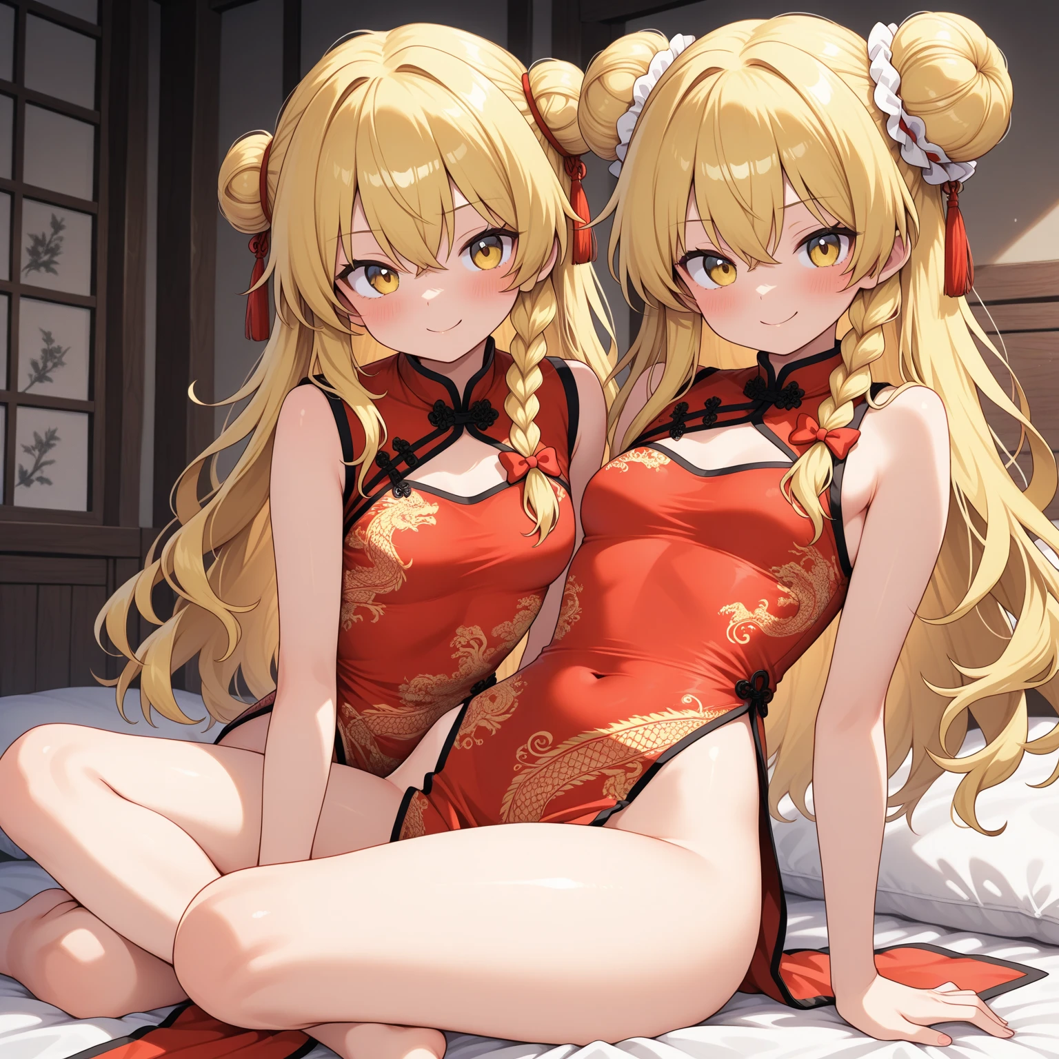 (Tabletop, highest quality, High resolution, , Perfect Pixel, 4K,), 1 girl, single, alone, Beautiful woman、I could see the whole body、 ((blonde, Side Ponytail)), ((Green Eyes, Beautiful eyelashes, Realistic eyes)), ((Detailed face, blush:1.2)), ((Smooth texture:0.75, Realistic texture:0.65, Realistic:1.1, Anime CG Style)), Mid-chest, Dynamic Angle, Perfect body, ((red short cheongsam dress:1.1), golden pattern cheongsam), Senior year、A shy smile、Luxury hotel room、Lie on your back in bed、((Spread your legs))、Angle from below、Cross your arms to highlight your cleavage、